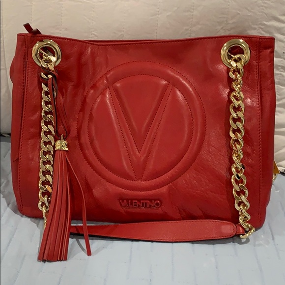 Valentino Louisa Red Lather Handbag w Chain Straps - Picture 2 of 5